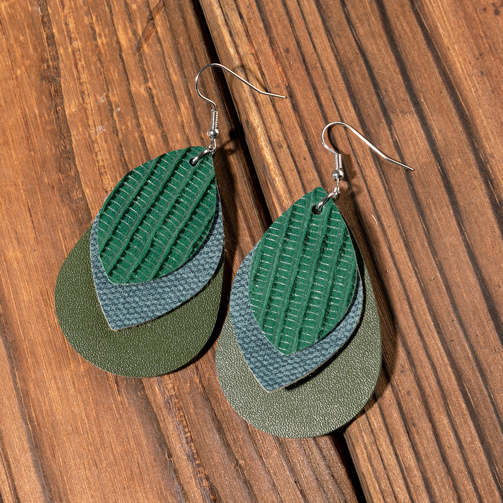 Wholesale Multi-layer Water drop Leaf Earrings PU Leather
