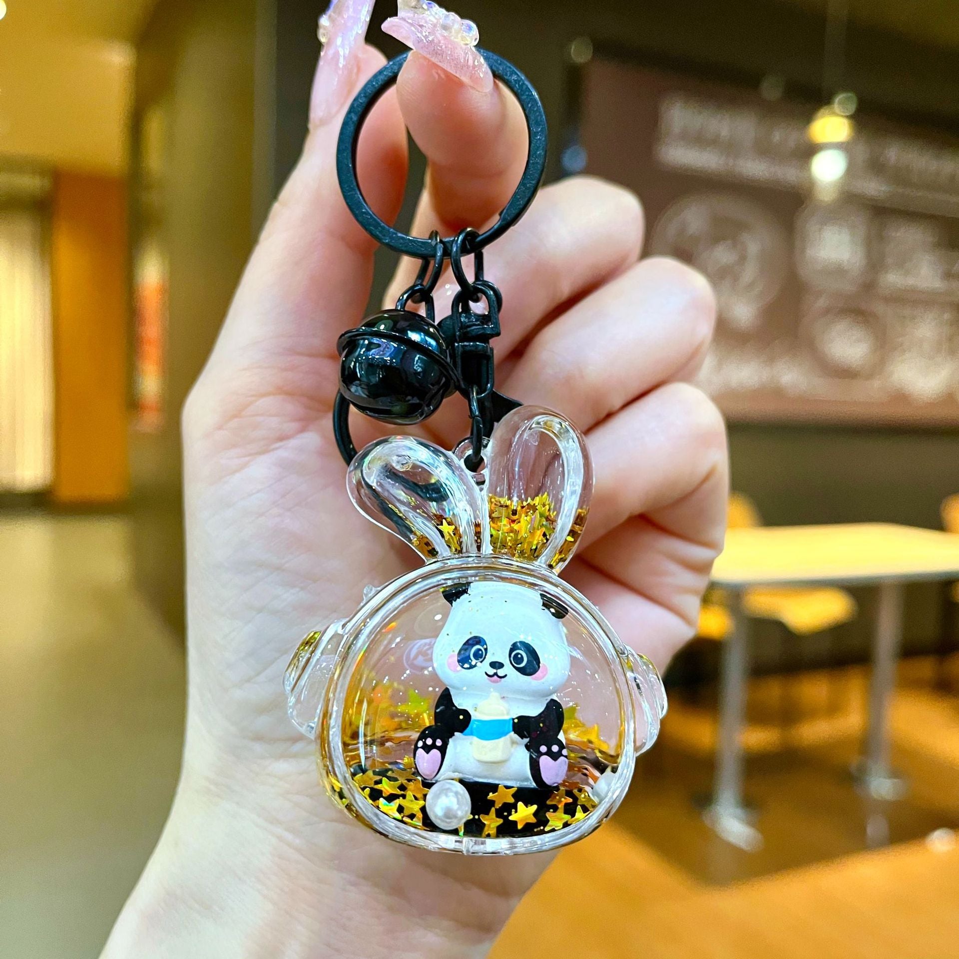 Wholesale Black gold floating cartoon cute panda Liquid Keychains