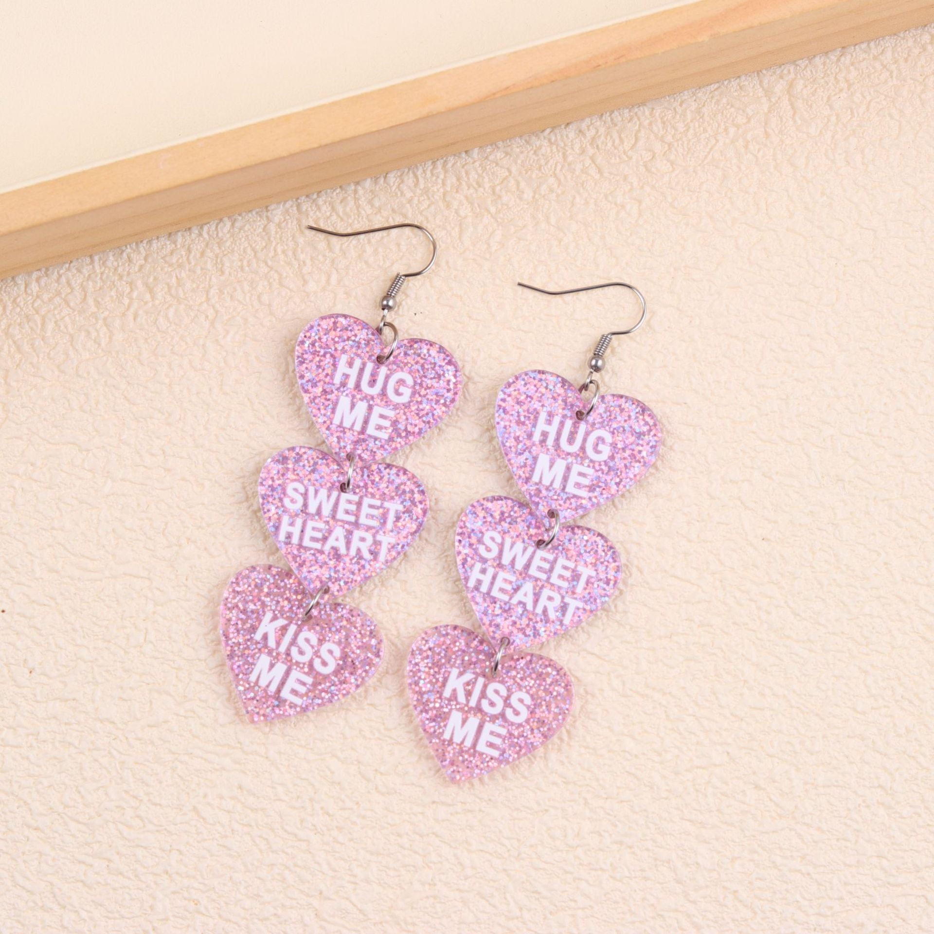 Wholesale Valentine' s Day Flash Three in One Heart Letter Acrylic Earrings