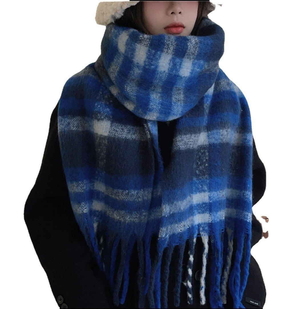 Wholesale rainbow plaid fringed mohair thickened scarf