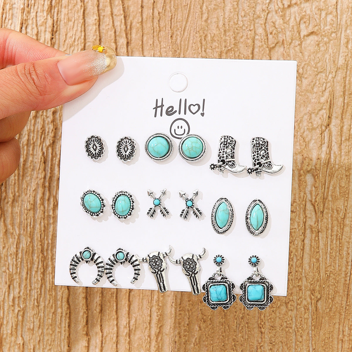 Wholesale Vintage Tibetan Floral Imitation Turquoise Earring Set 9 Pairs Geometric Boho Chic Jewelry Accessory