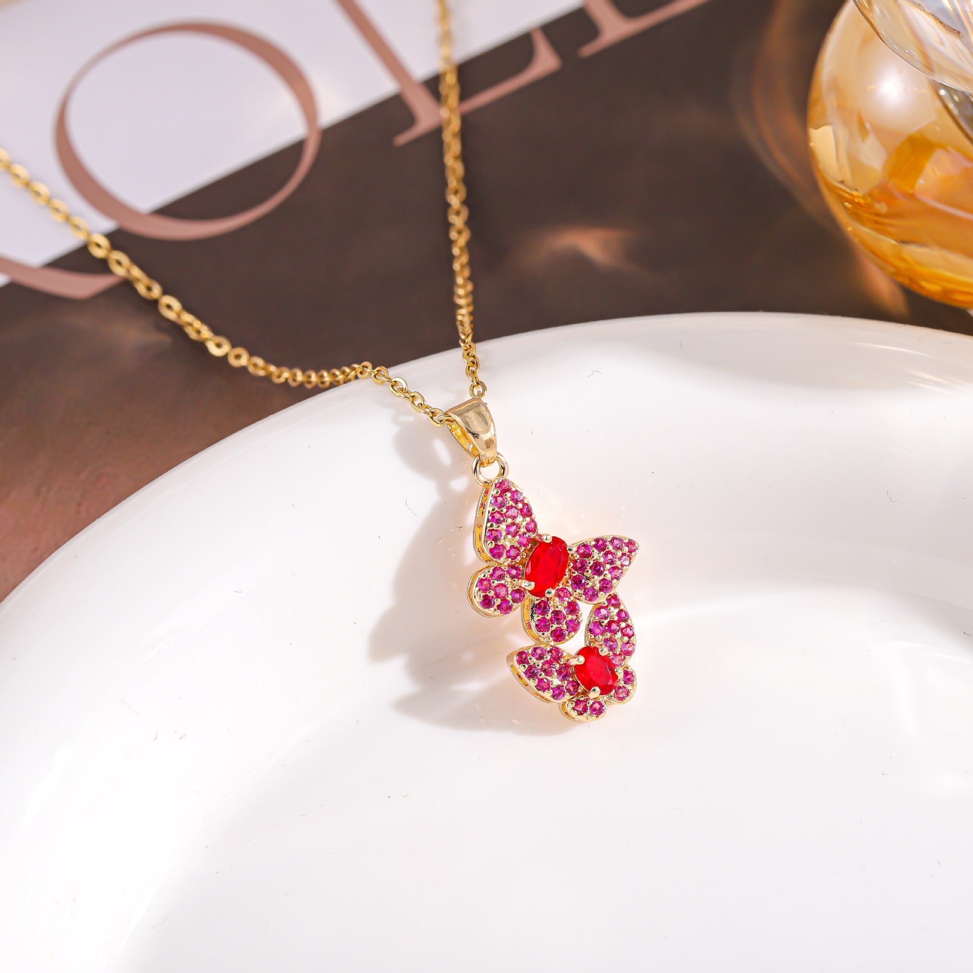 Wholesale fashion jewelry pendant colorful full diamond double butterfly necklace