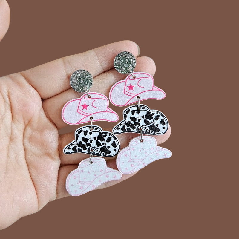 Wholesale Valentine's Day Cowboy Pink Hat Boots Disco Ball Acrylic Earrings