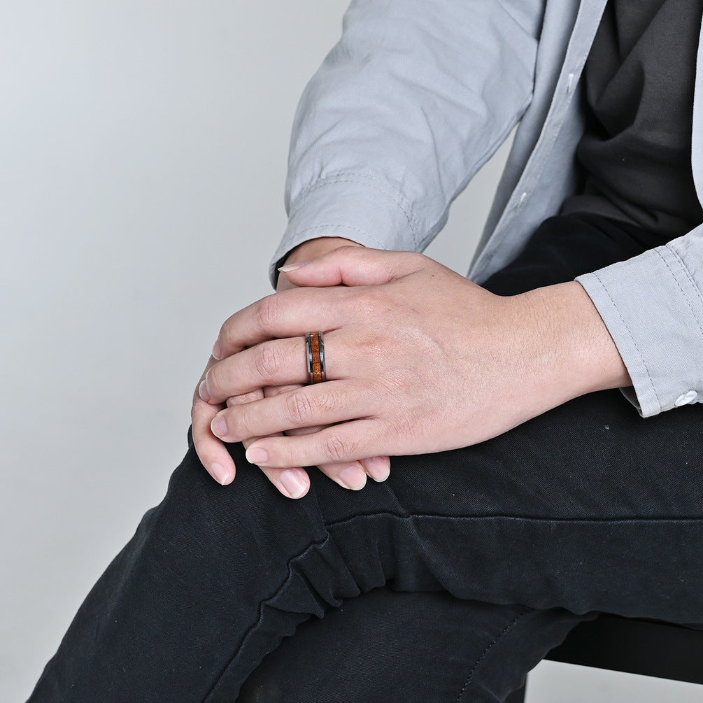 Wholesale Simple 468MM tungsten steel inlaid wood grain leather ring