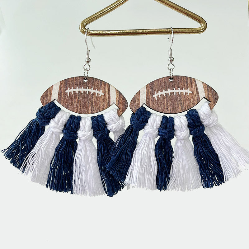 Wholesale 2 Pairs/pack Sports Woven Tassel Rugby Football Cheerleaders Wooden Drop Earrings