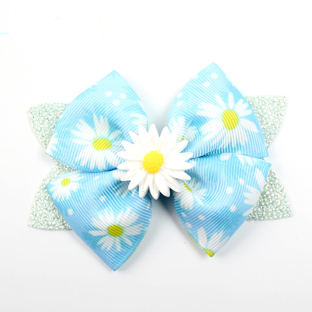 Wholesale 5pcs Shiny Boutique Bow Daisy Sunflower Print Hair Clip