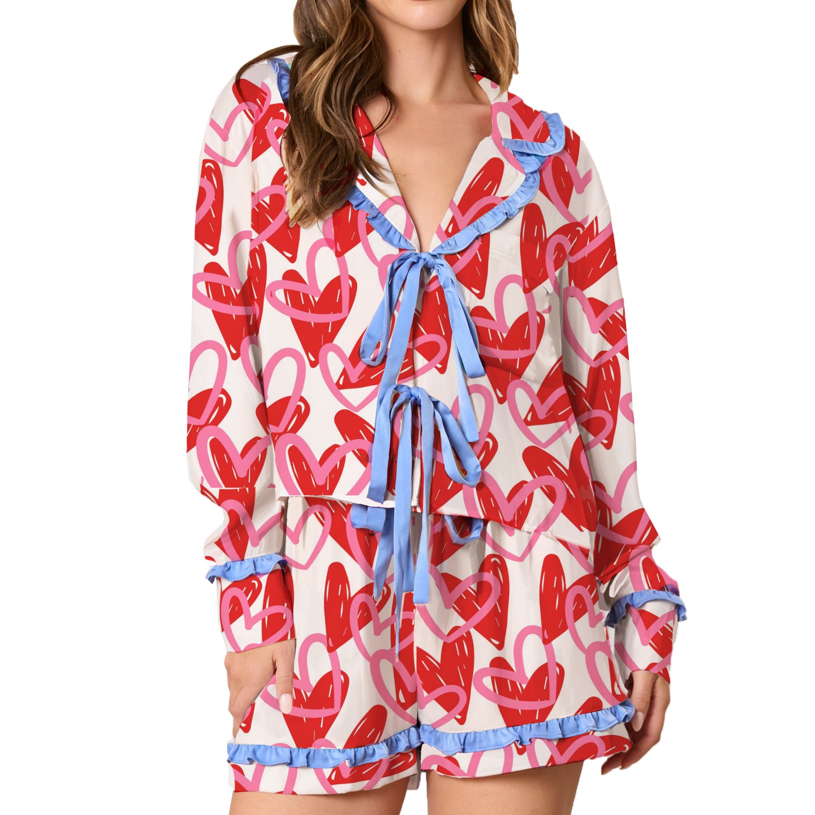 Wholesale Thin Print Valentine's Day Ruffle Long Sleeve Two-Piece Pajama Casual Set
