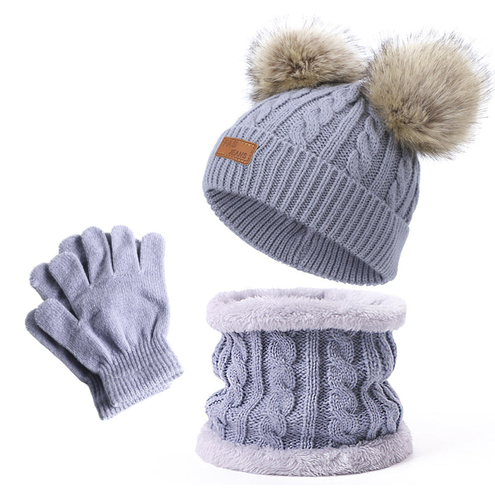 Wholesale Winter Baby Infant Child Warm Plus Velvet Thickened Scarf Pompom Hat Two-piece Set
