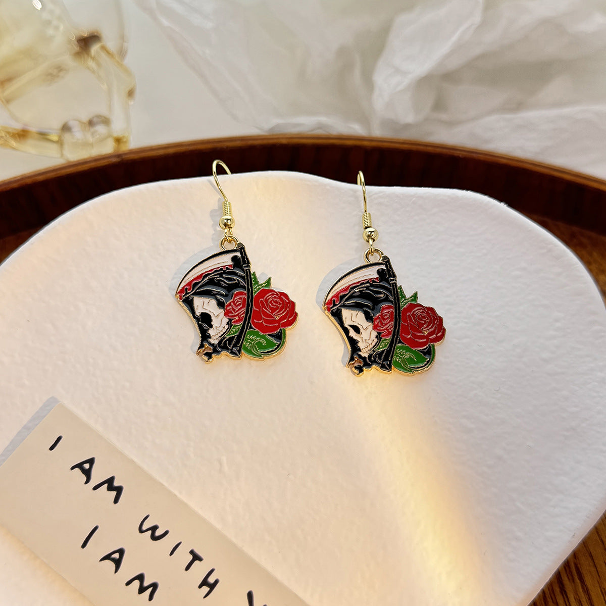 Wholesale Dark Personality Halloween Horror Funny Skull Bat Tombstone Rose Earrings