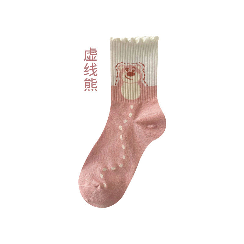 Wholesale Pink Medium Cotton Cute Girl Cartoon Lace Socks
