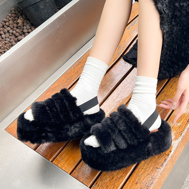 Wholesale 7CM thick-soled heel elastic band plush women to wear at home and outside.slippers