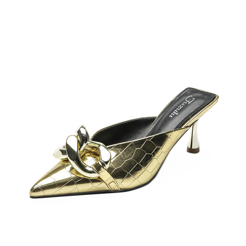 Wholesale sandals and slippers women wear high heels silver chain pointed toe