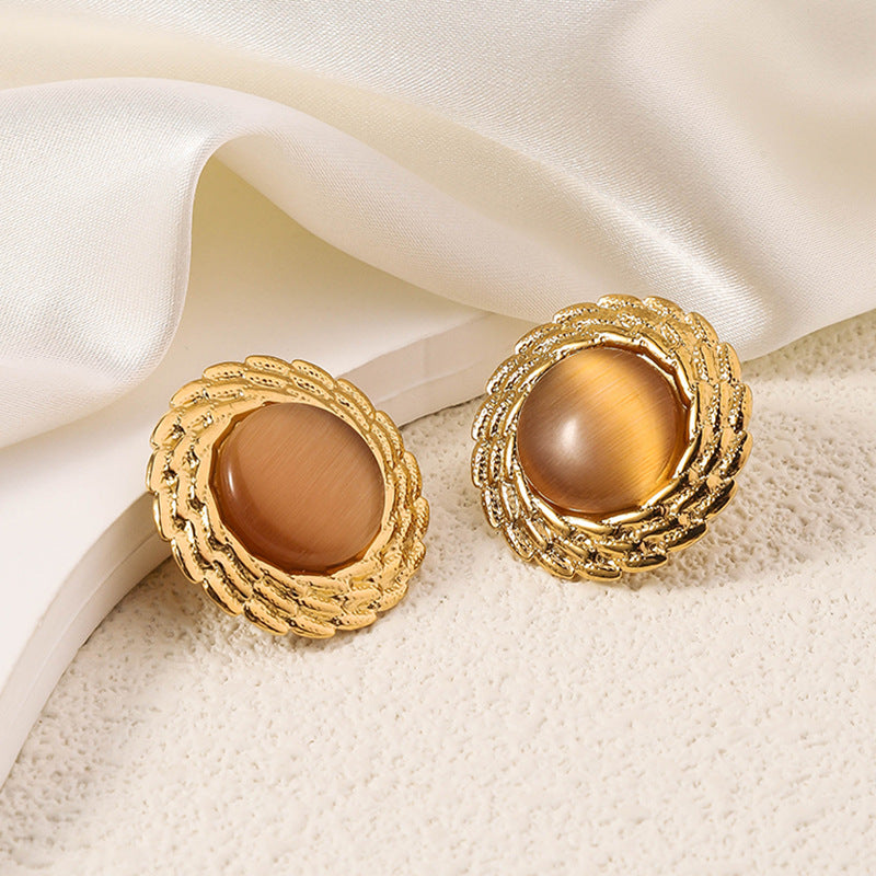 Wholesale Antique Multicolor Round Fried Dough Twists Plated 18k Gold Opal Stainless Steel Earrings