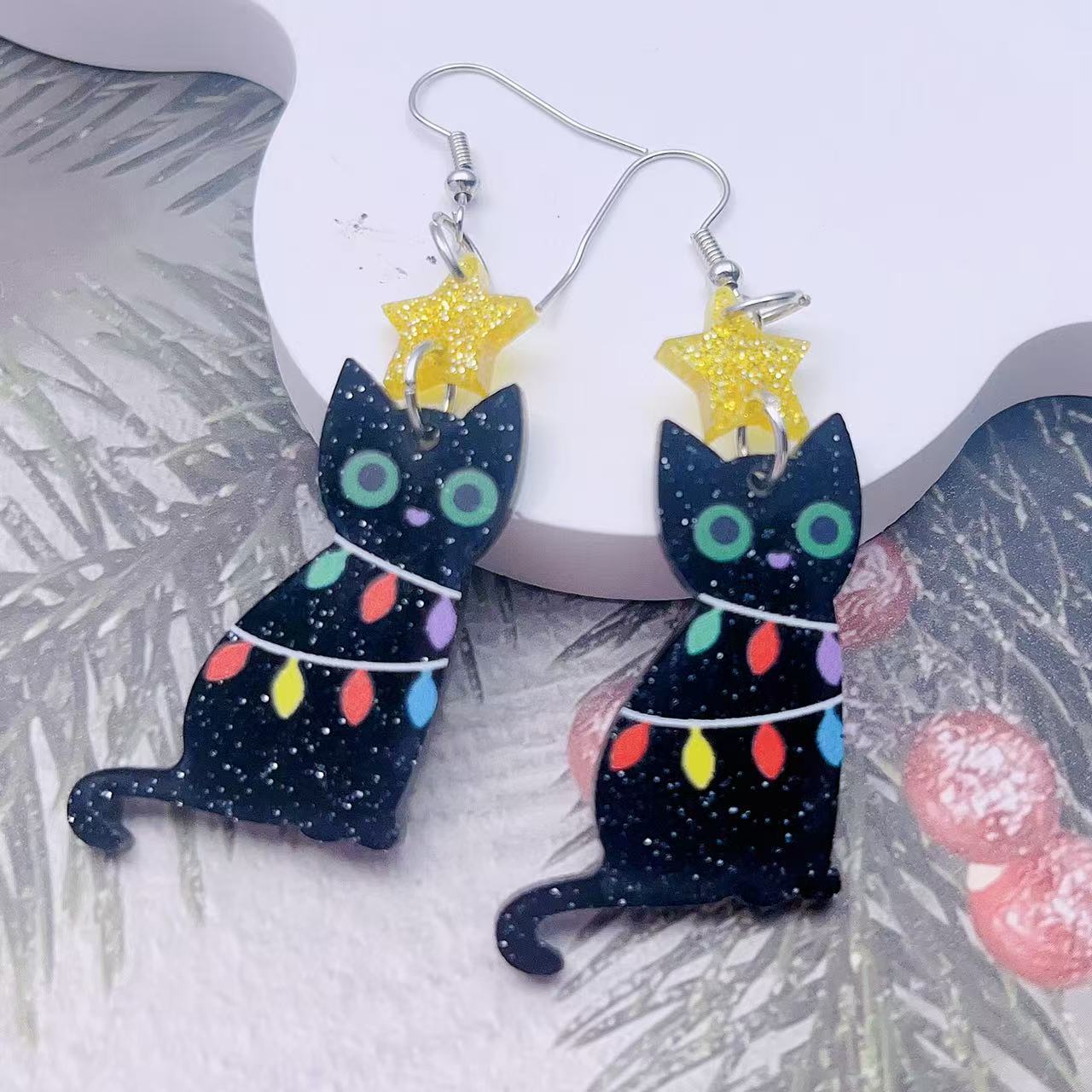 Wholesale Christmas Tree Lights Black Cat Bat Acrylic Earrings