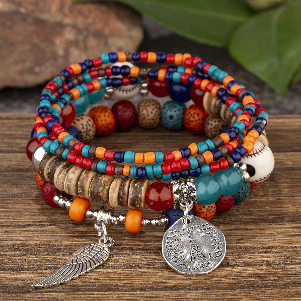 Wholesale Bohemian Ethnic Style Angel Wings Letter Alloy Pendant Beaded Bracelet Five-piece Set