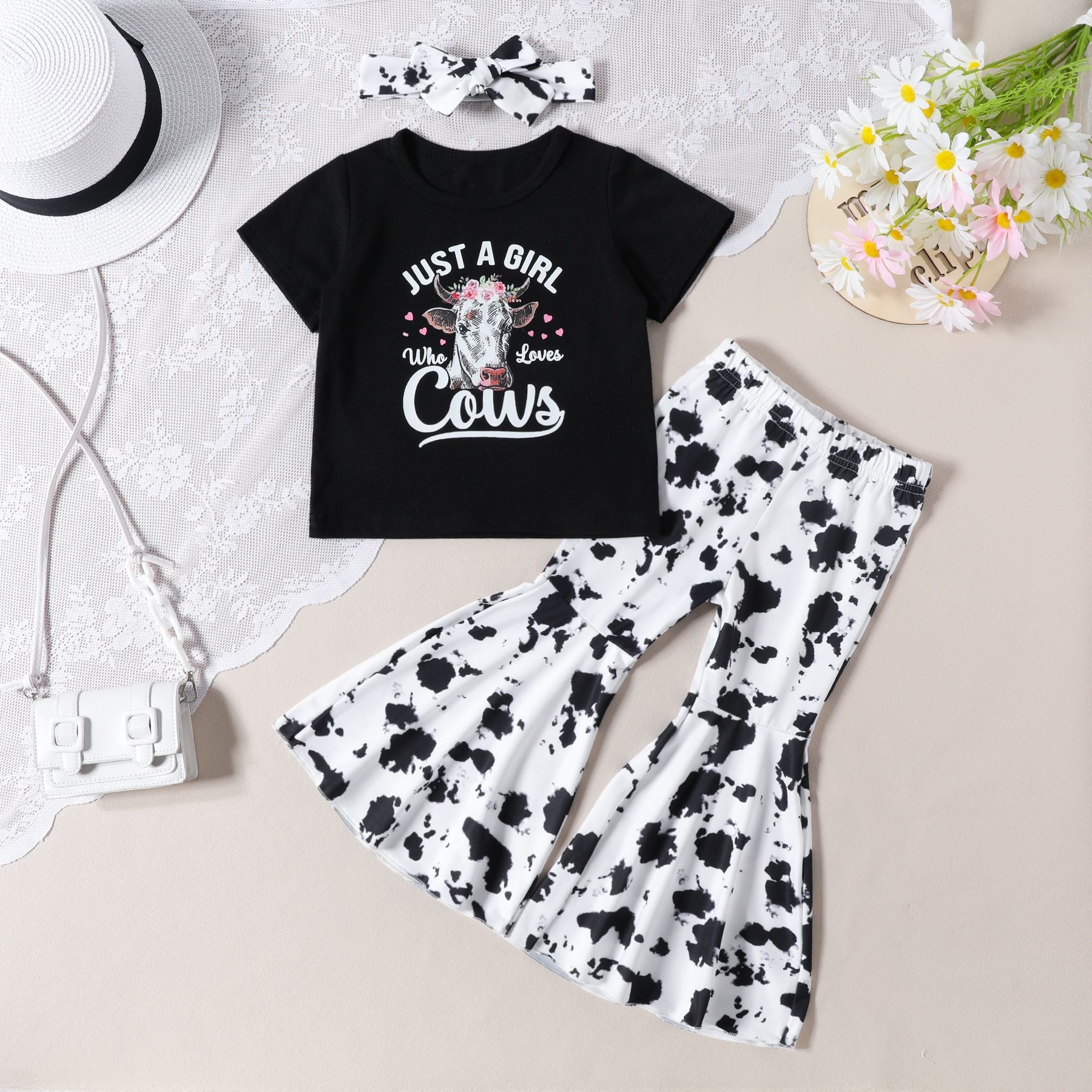 Wholesale of Summer Western Cowhead Printed Cotton T-shirts and Flared Pants Children's Sets