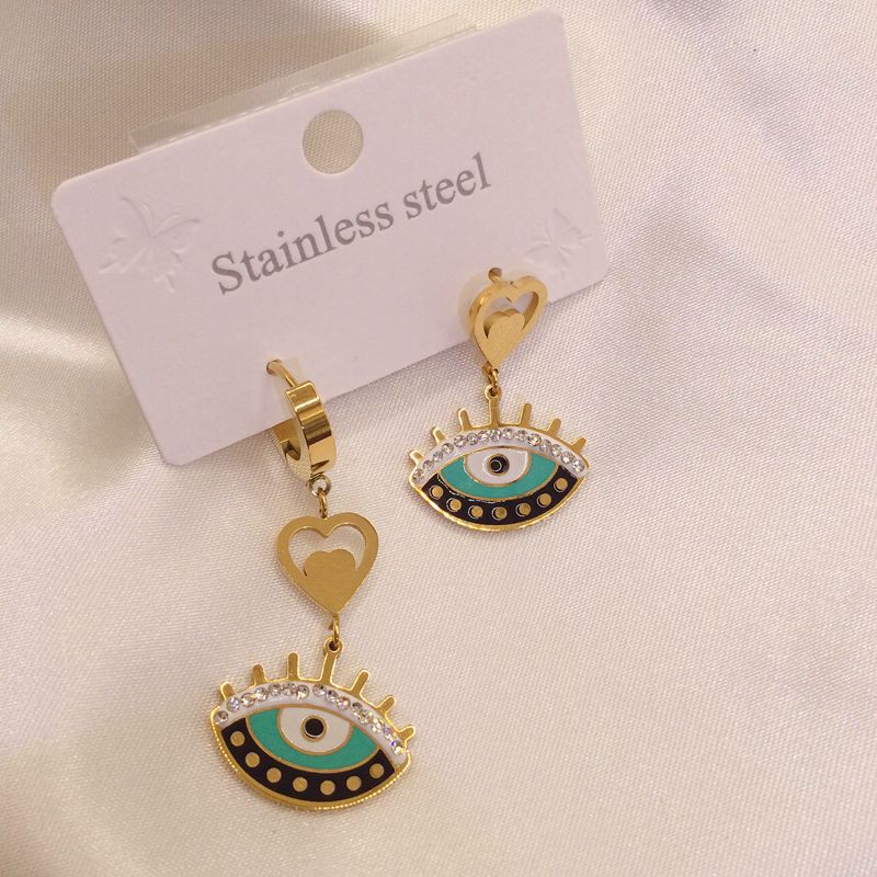 Wholesale Titanium Steel Devil's Eye Colored Painted Diamond Hollow Earrings