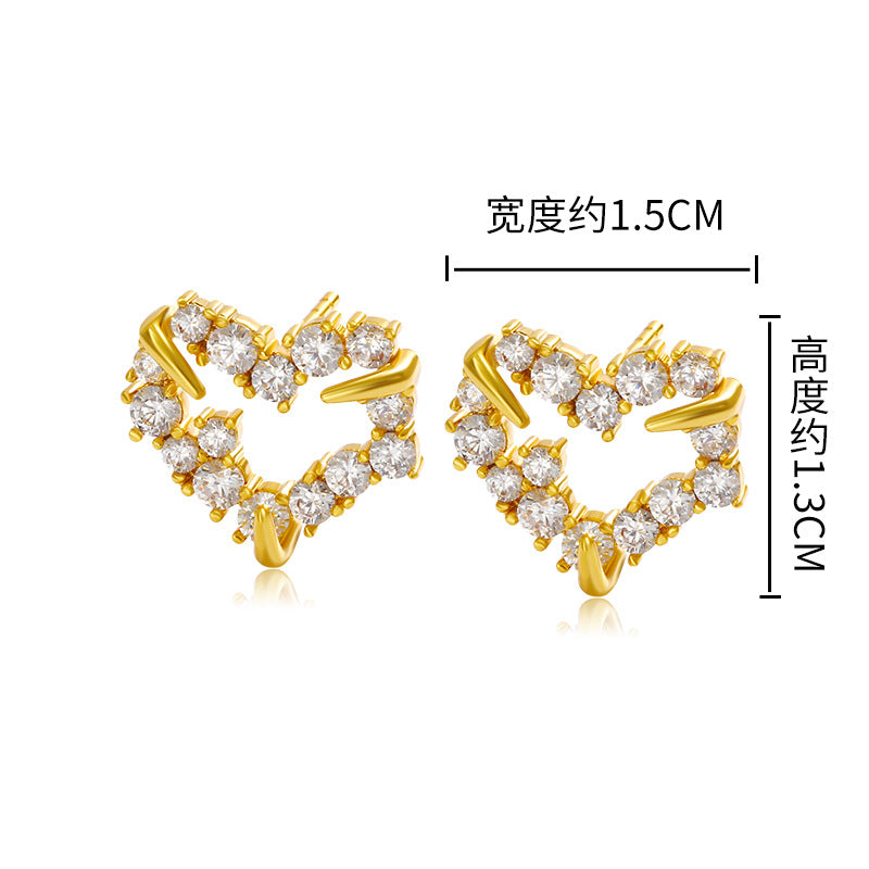 Wholesale Heart Shaped Zircon Copper Plated 24k Gold Earrings
