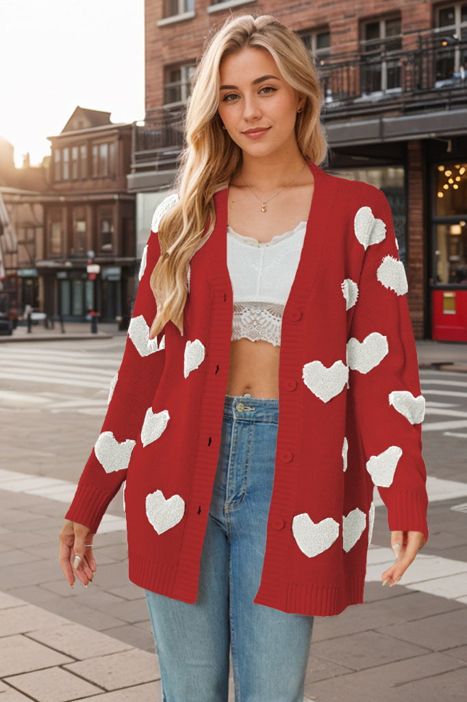 Wholesale Valentine's Day Heart Knitted Cardigan V-neck Button Midi-length Coat