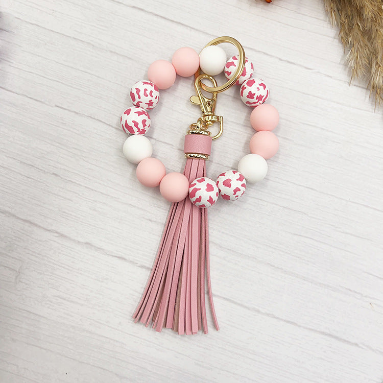 Wholesale Western Style Cow Grain Wood Beads Silicone Handmade Keychain Bag Key Accessories