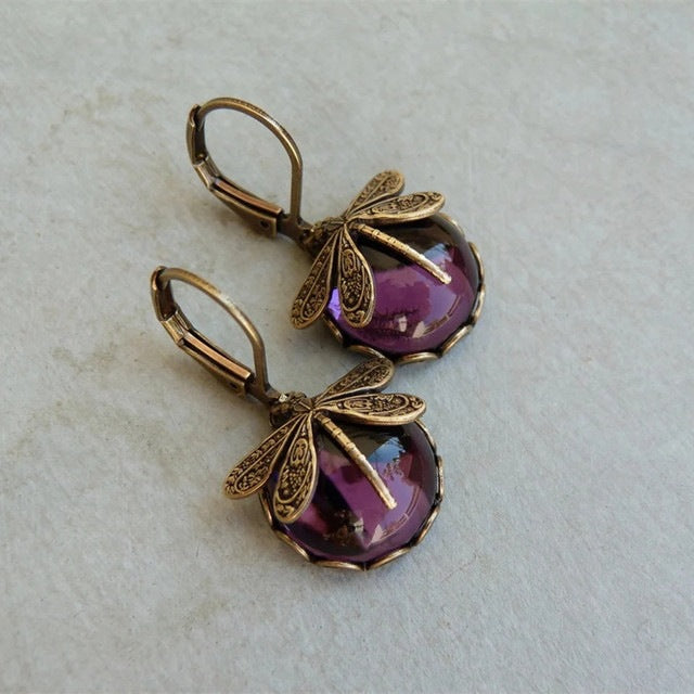 Wholesale Vintage Small Dragonfly Pattern Alloy Moonstone Earrings