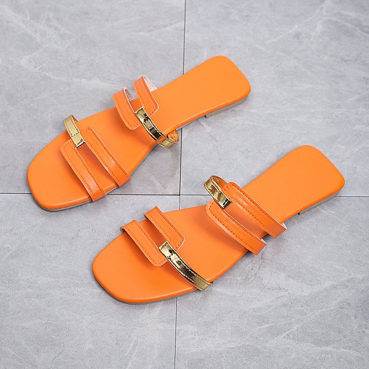 Wholesale PU Color Block Fashion Flat Slippers