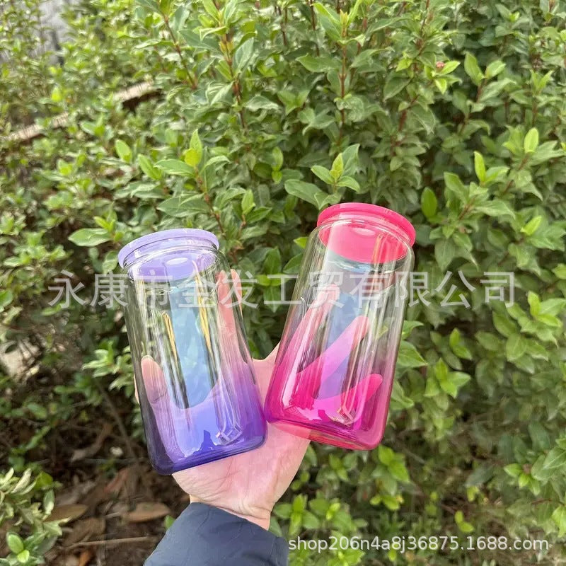 Wholesale 16oz Sublimation High Borosilicate Jelly Color Gradient Mason Glass Cup Portable Color PP Cover Glass Slipper Cup