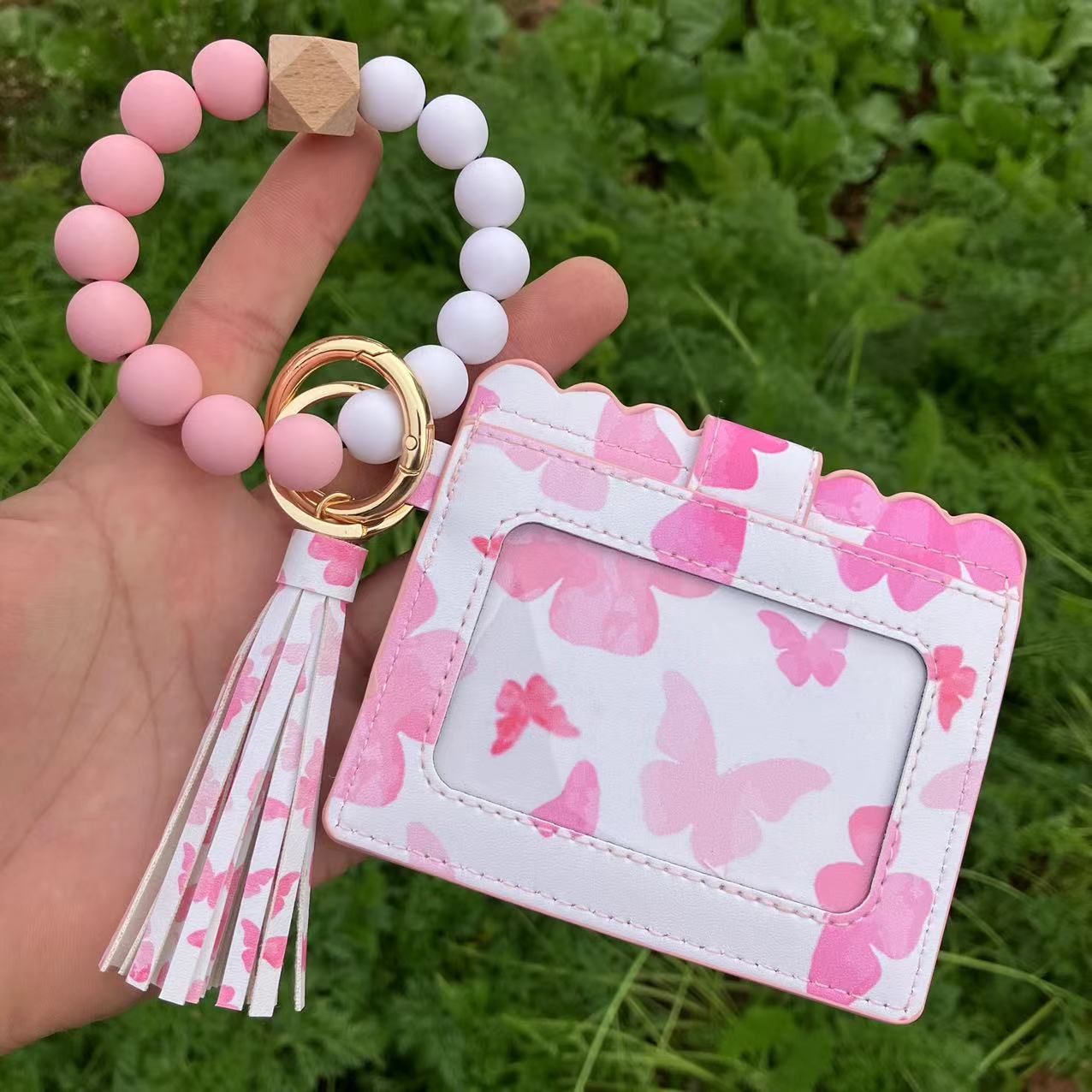 Wholesale Colorful Beads PU Leopard Snake Print Coin Purse Keychain