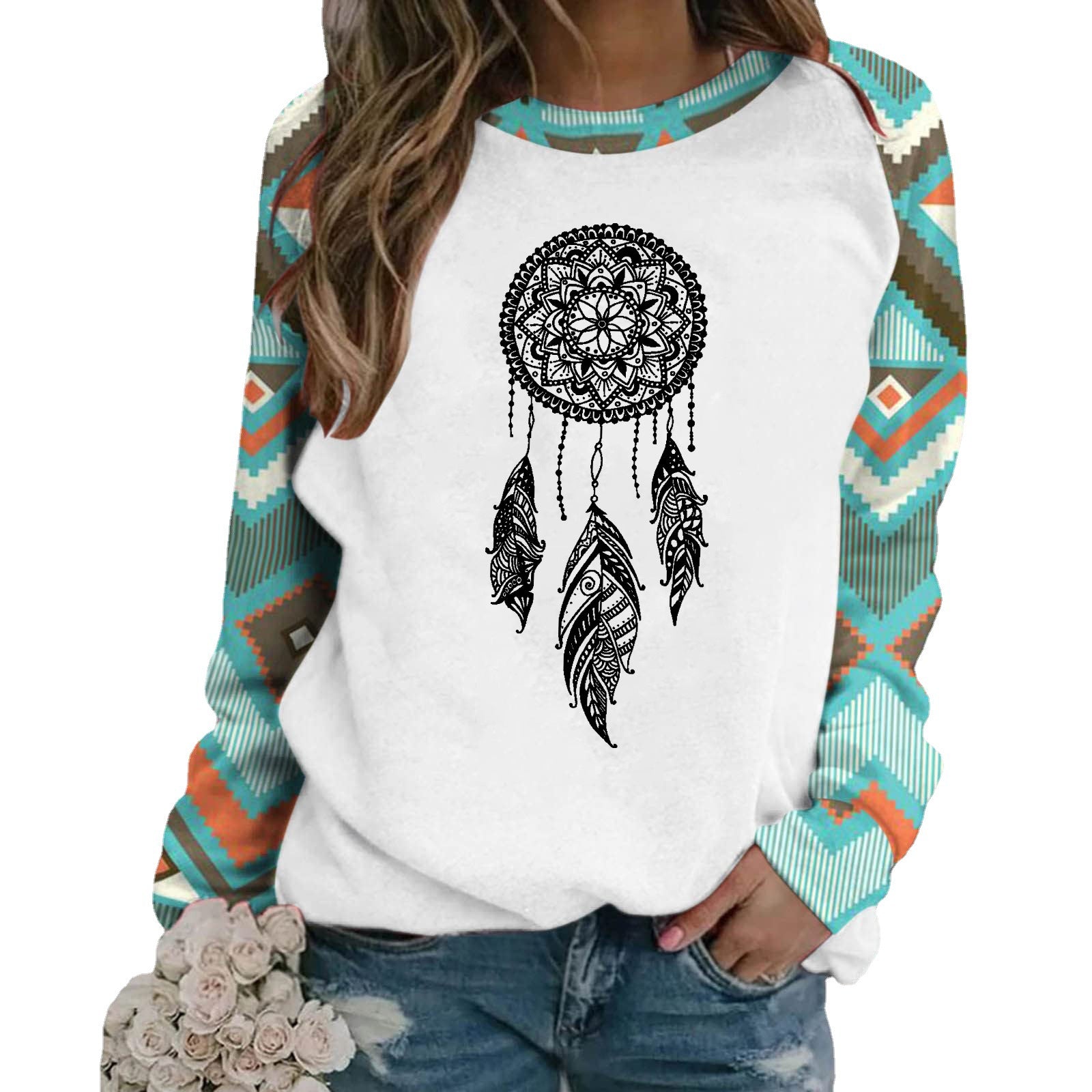 Wholesale Polyester Fiber Retro Digital Printed Raglan Long Sleeved Tops