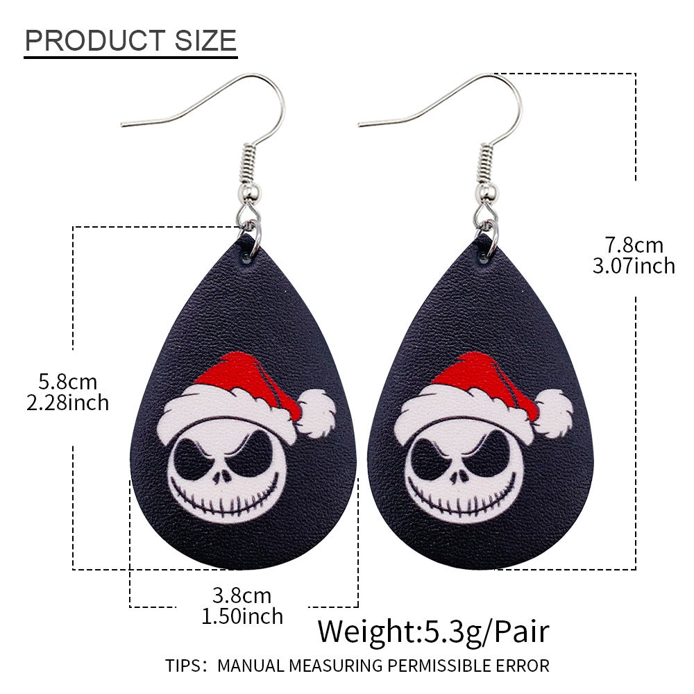 Wholesale Horror Christmas Skull Print Water Droplet Shaped PU Leather Earrings