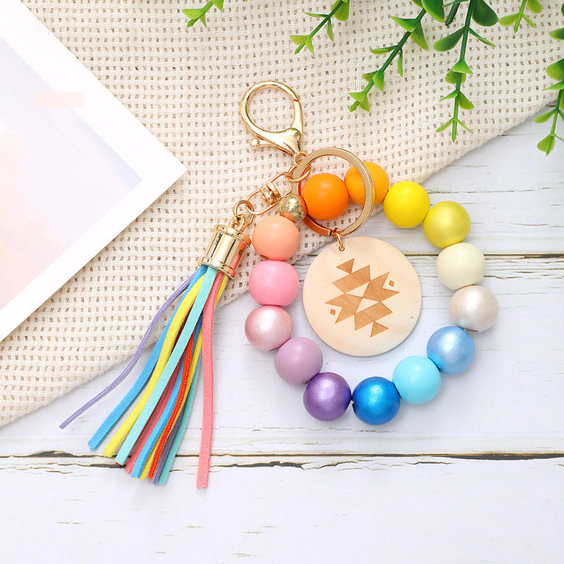 Wholesale Colorful Wooden Beads Tassel Wood Pendant Bracelet Keychain