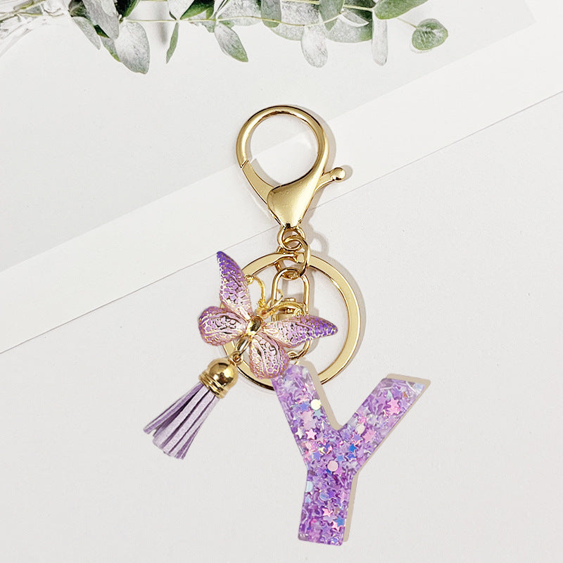 Wholesale Pink sequined butterfly 26 letter Sequin Keychain