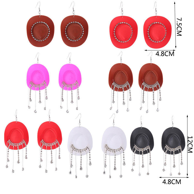 Wholesale Western Style Cowboy Hat Shiny Tassel Earrings