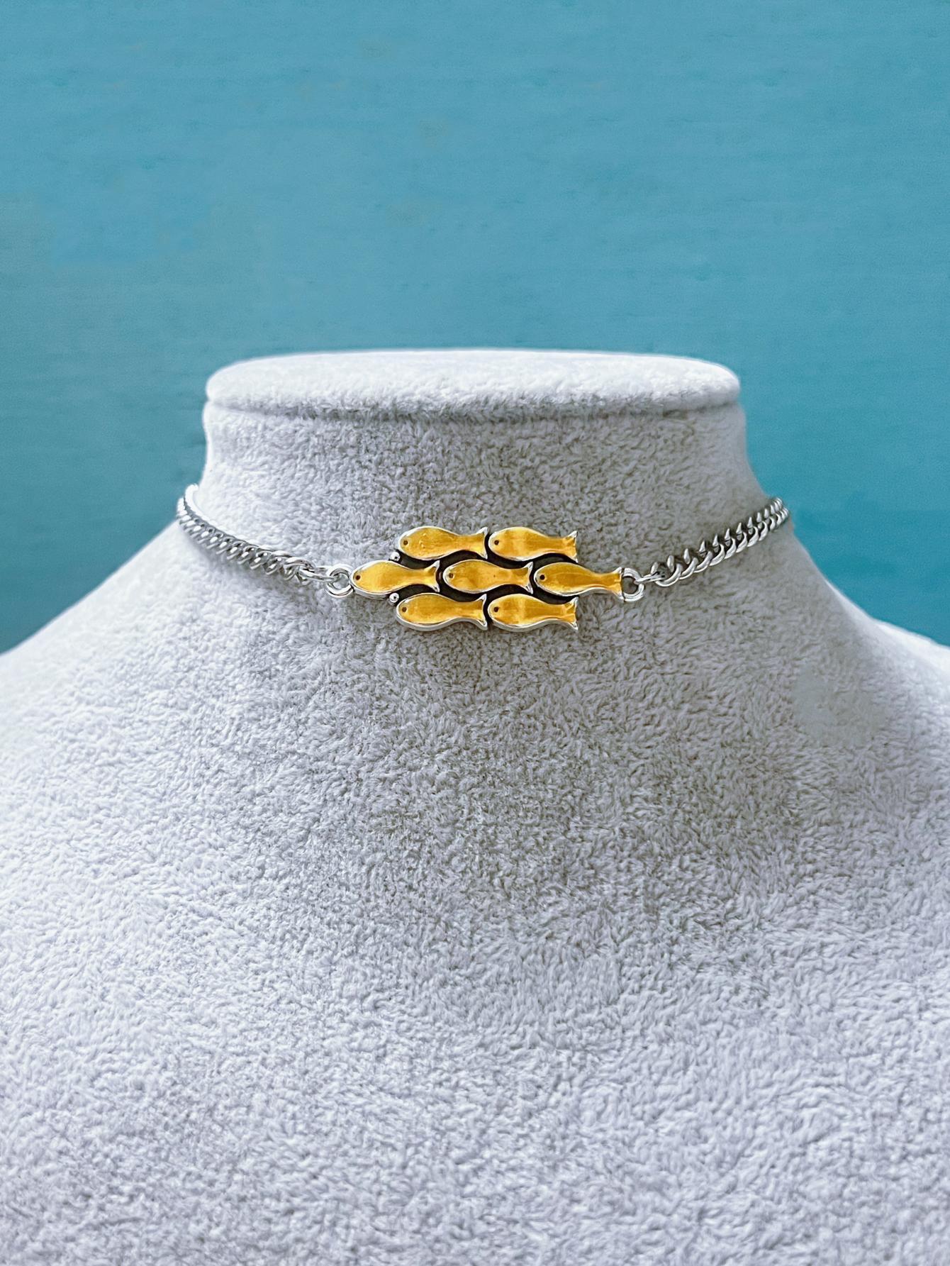 Vintage blue small fish group silver bracelet necklace