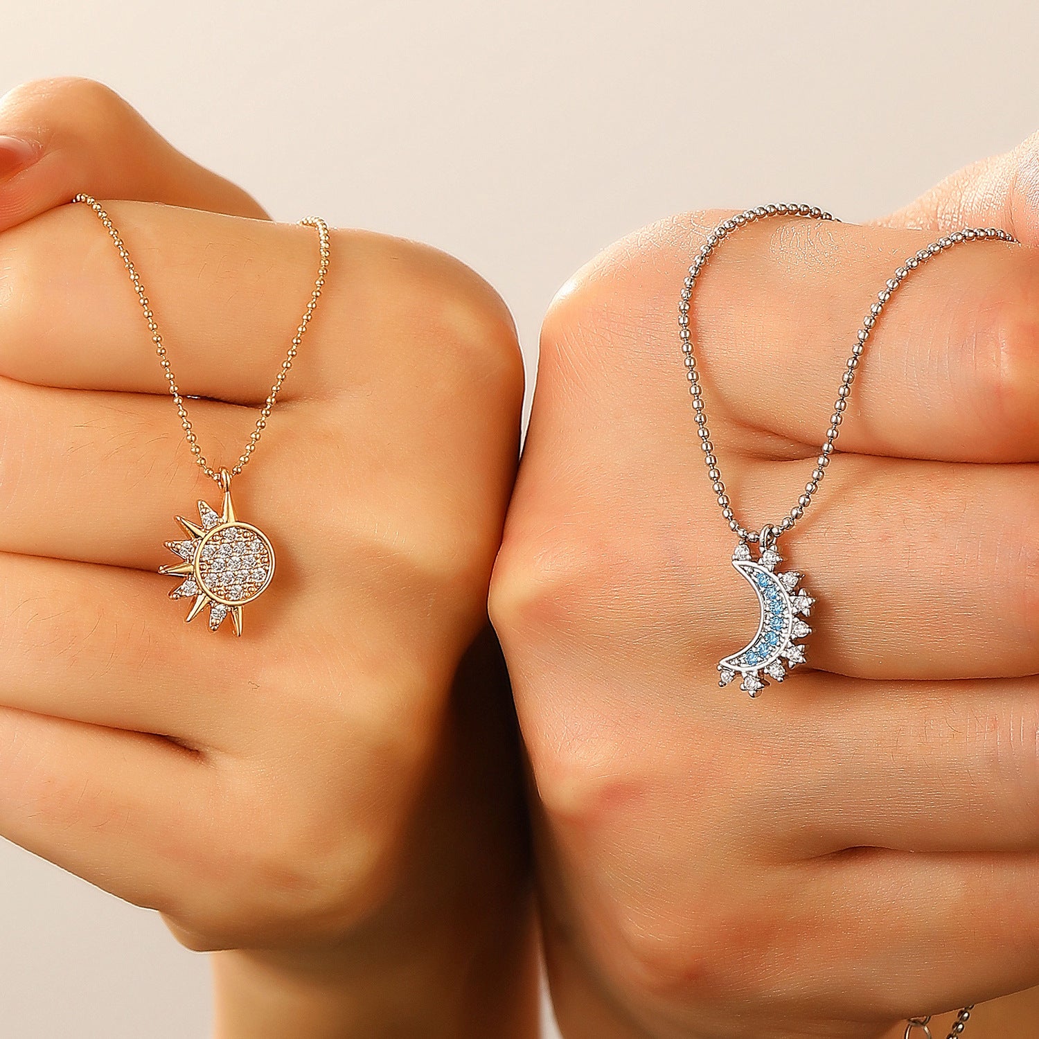 Wholesale Sun and Moon Tonghui Stacked  Diamond  Open Copper Rings Necklaces Jewelry Set