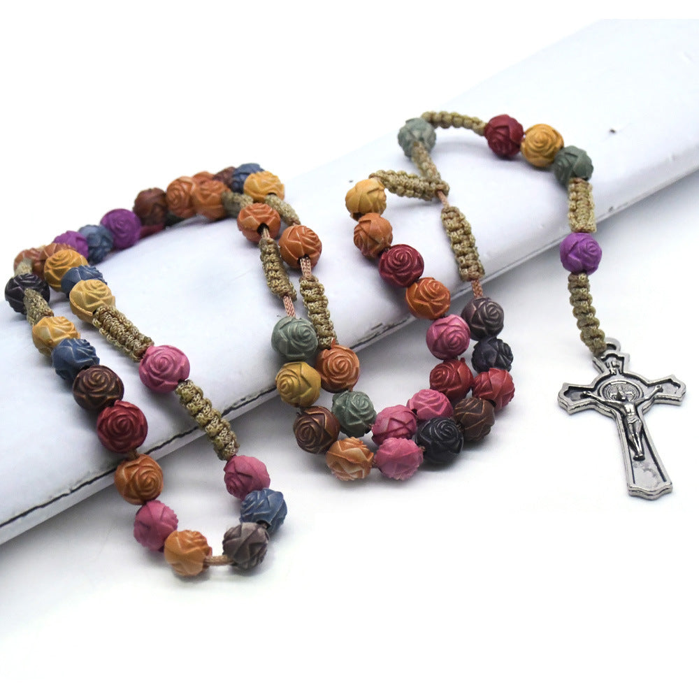 Wholesale Colorful Rose Beads Cross Rosary Handmade Prayer Beads