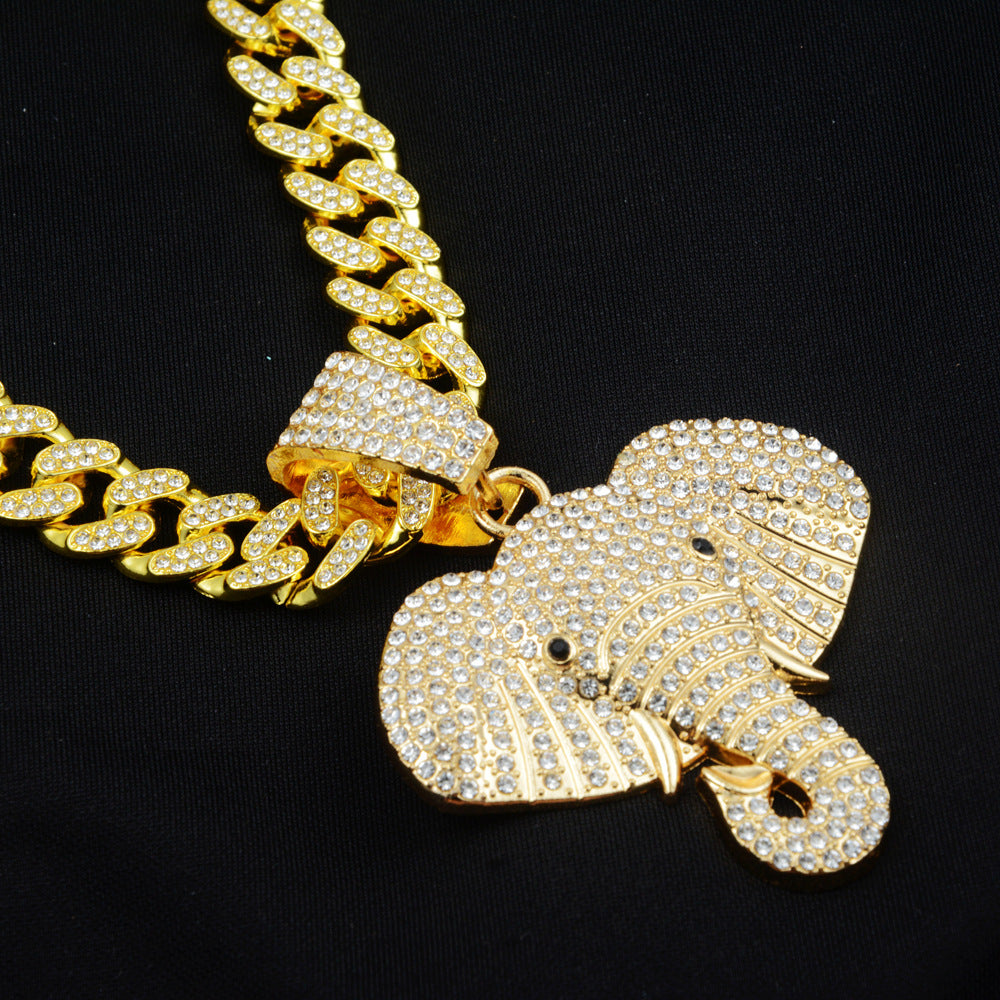 Wholesale Full Diamond Elephant Cuban Chain Necklace Zinc Alloy Handmade Jewelry Trendy Fashion Accessory For Gift Boutique Resale