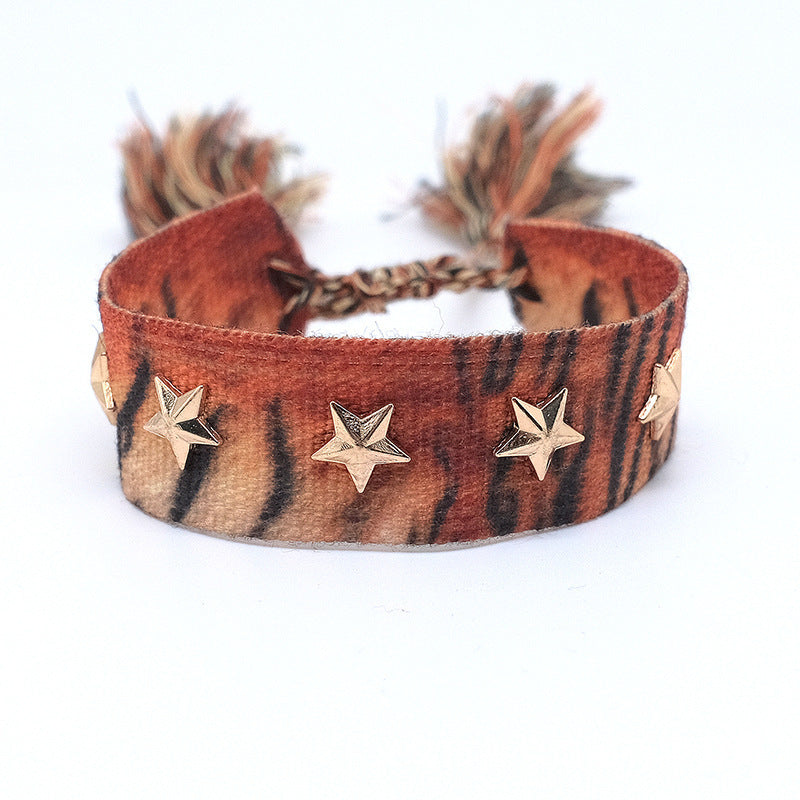 Wholesale Polyester Cord Weaving Leopard Print Love Letter Embroidery Tassel Bracelet