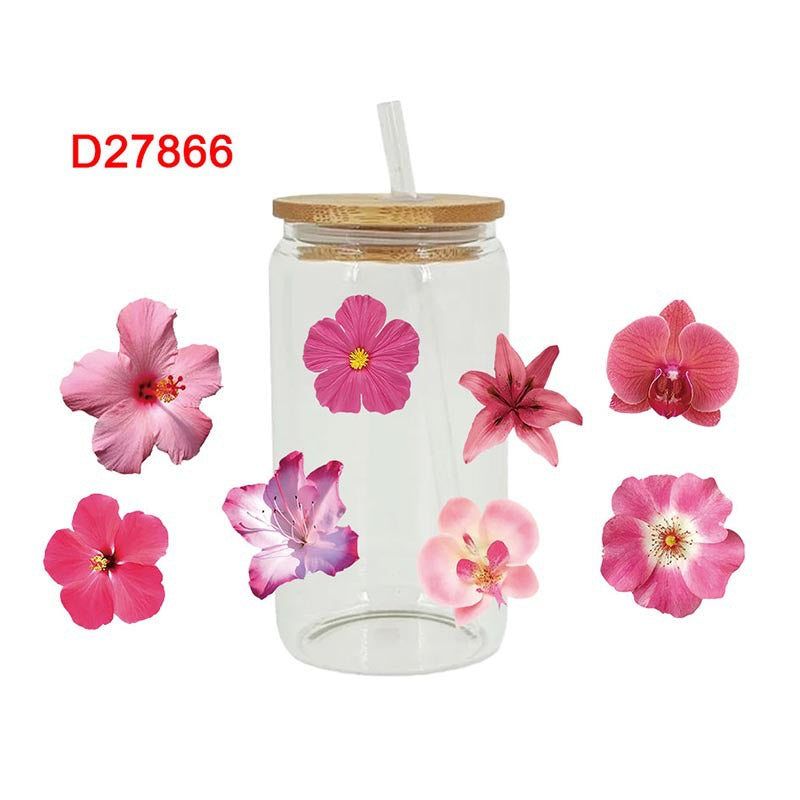 Wholesale Pink and red flowers 16oz Cup UV DTF Wraps