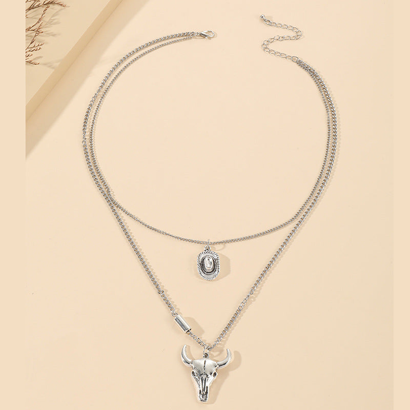 Wholesale Retro Hat Bull Head Pendant Double Chain Stacked Alloy Necklace