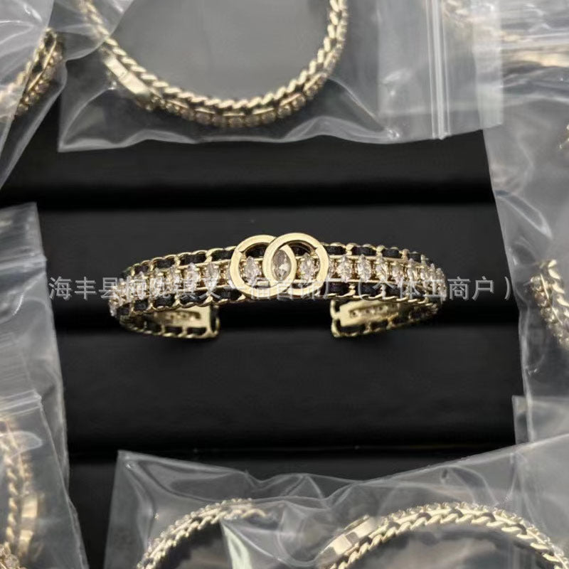 Wholesale New Double C Letter Diamond Piercing Leather Small Chanel Style Bracelet Retro Fashion All-match Bracelet