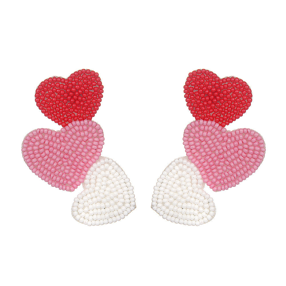 Wholesale  fashion temperament handmade three heart rice beads irregular earrings earrings Valentine's Day