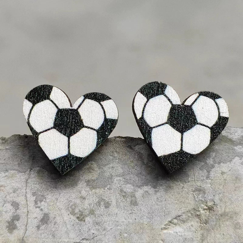 Wholesale Event Sports Accessories Heart Shaped Ball Wooden Earrings