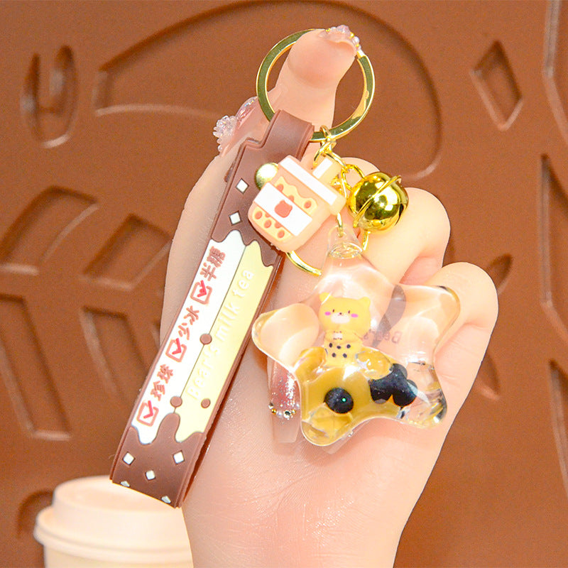 Wholesale bubble tea keychain floating small bear liquid quicksand pendant
