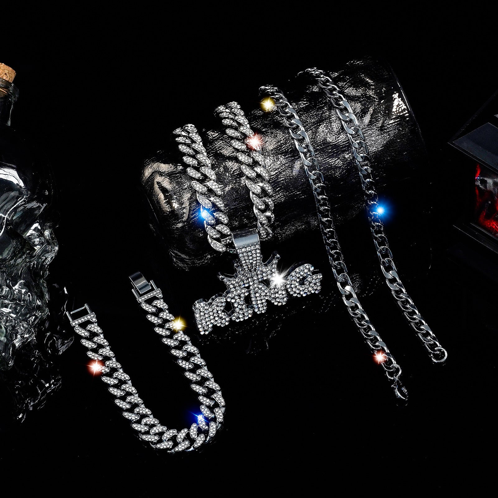 Wholesale Crown King Hip Hop Full Diamond Cuban Chain Bracelet Three-Piece Set