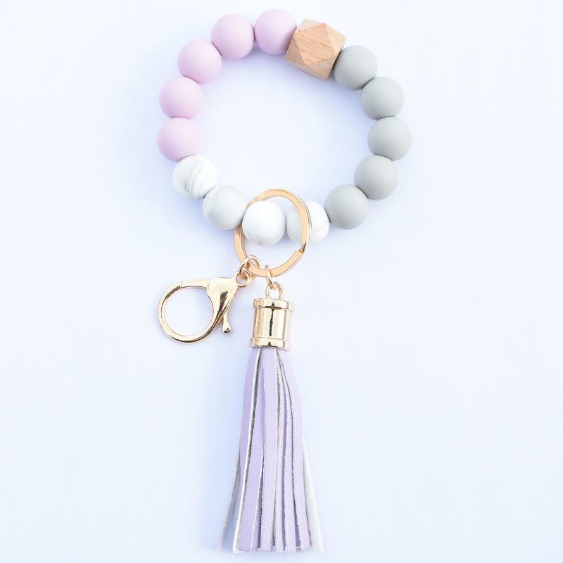 Wholesale Food Grade Silicone Beads Leather Tassel Wood Beads Bracelet Keychain