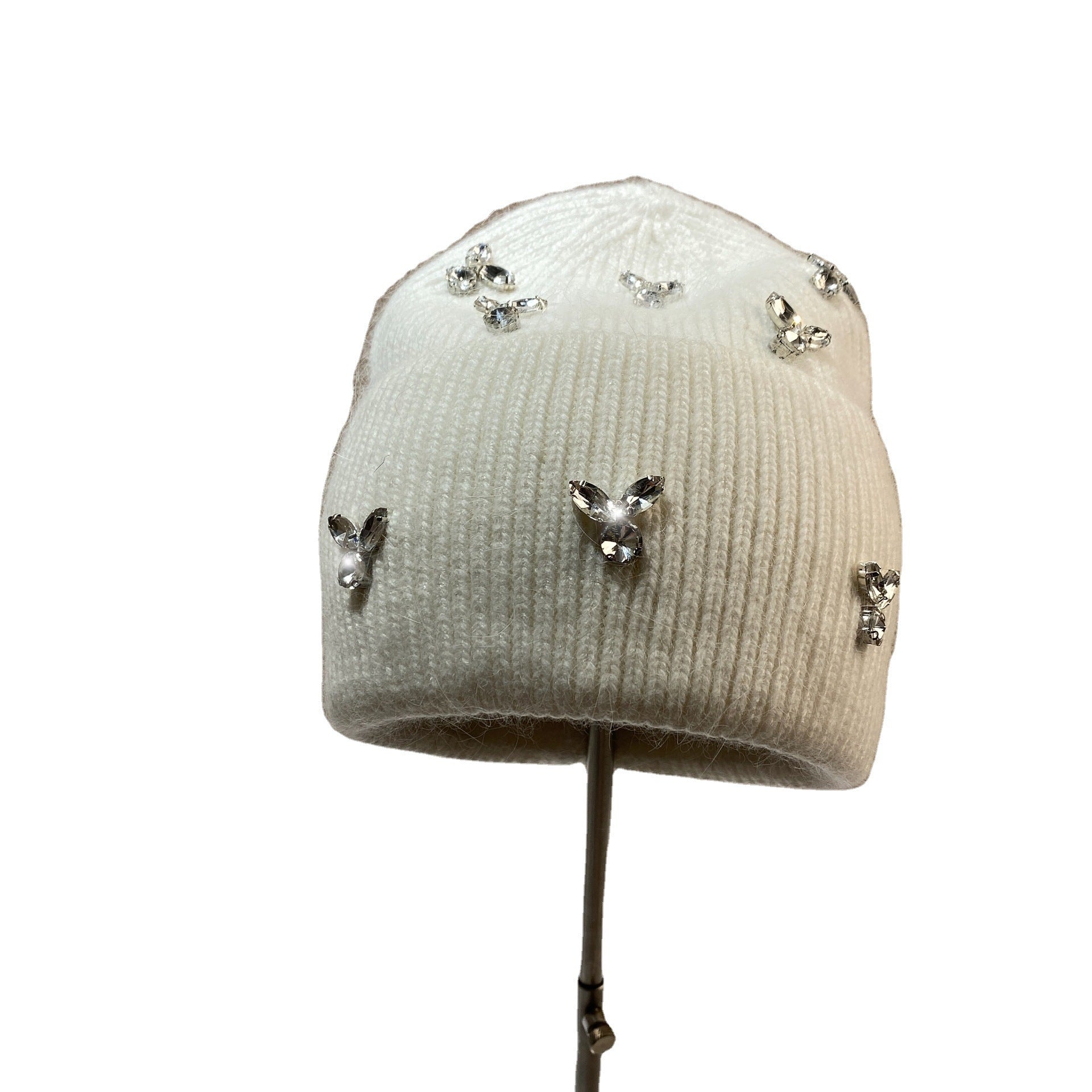 Wholesale Fashion Warm Rhinestone Rabbit Fur Double Folding Knitted Hat