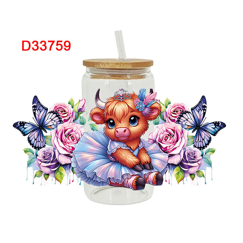 Wholesale Colorful flowers Western style cute cow 16oz Cup UV DTF Wraps