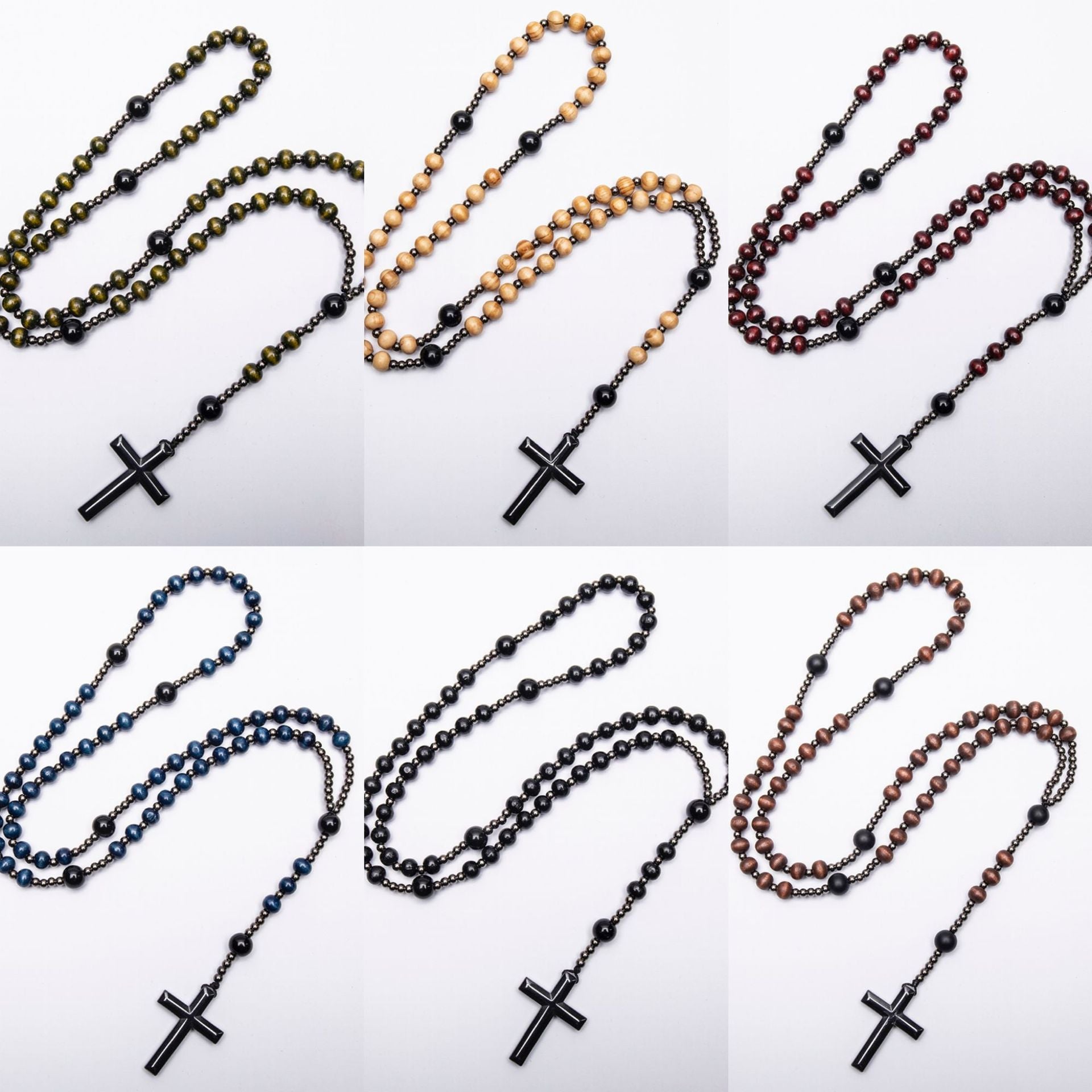 Wholesale Wooden Beads Black Gallstone Cross Religious Long Rosary Necklace