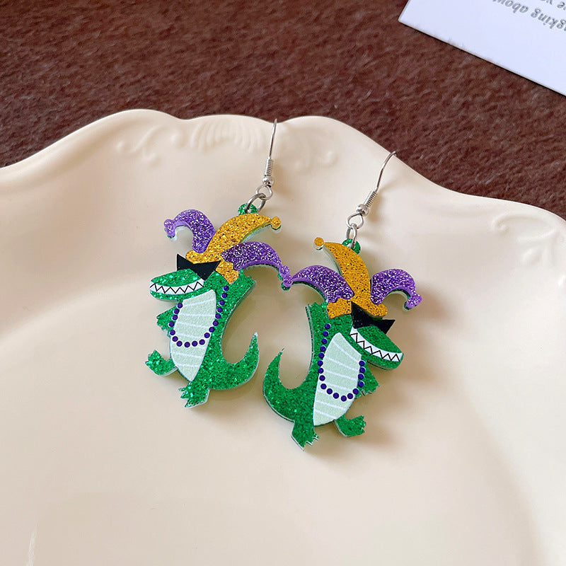 Wholesale St. Patrick's Day Cartoon Dinosaur Clown Hat Hook Carnival Party Earrings